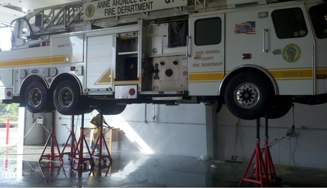 firetruck, axle support stands, Stertil-Koni, shop equipment